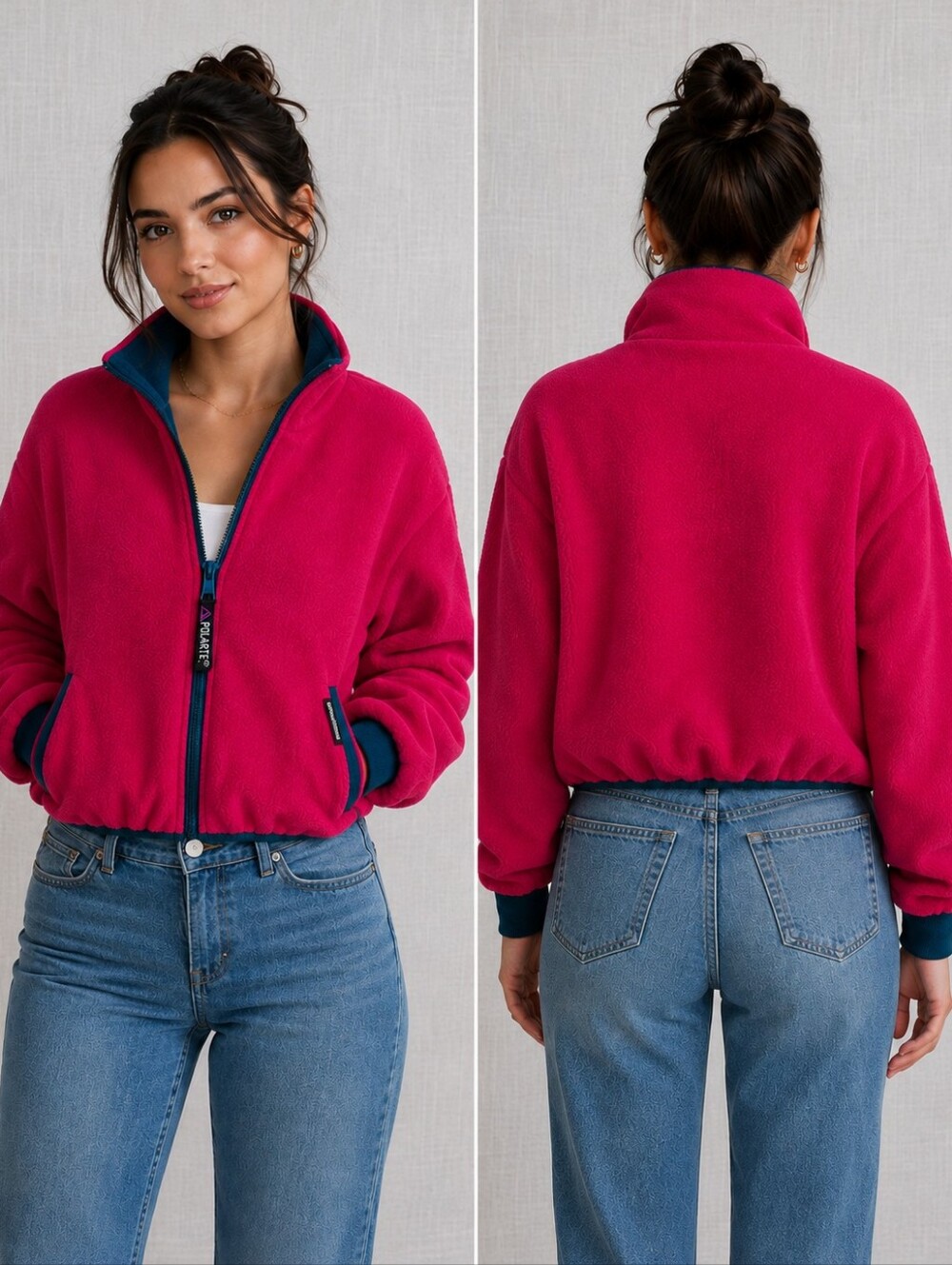 Chuck Roast Polartec Pink Fleece Jacket Teal Trim Short Blouson S/M